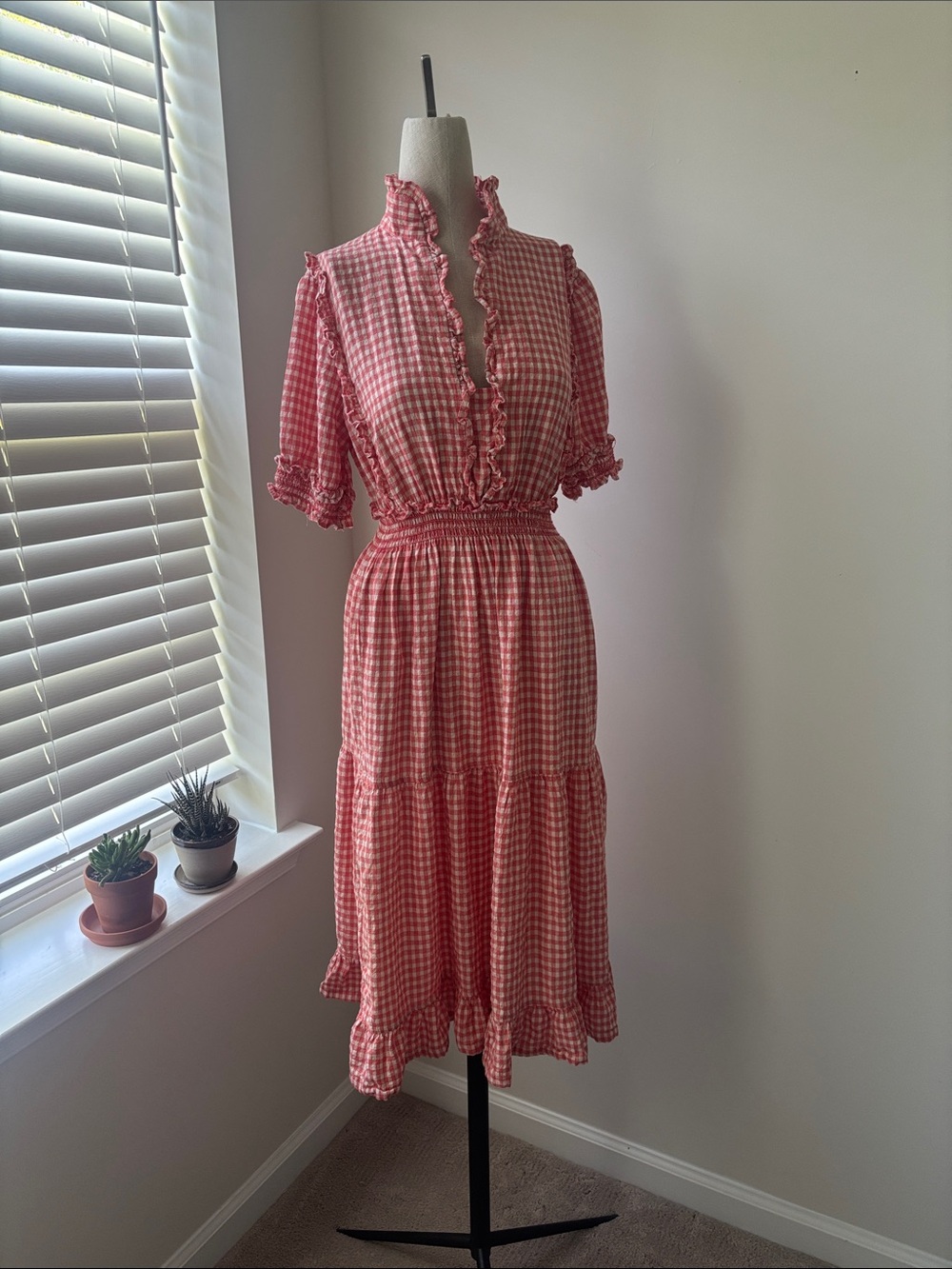 Max Studio Dress Womens Small Coral Pink Gingham Ruffle Midi Tiered Octoberfest